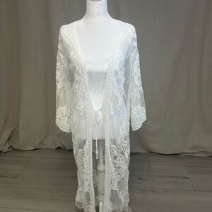 Women's White Lace Swim Cover Up Kimono Robe Duster Bridal